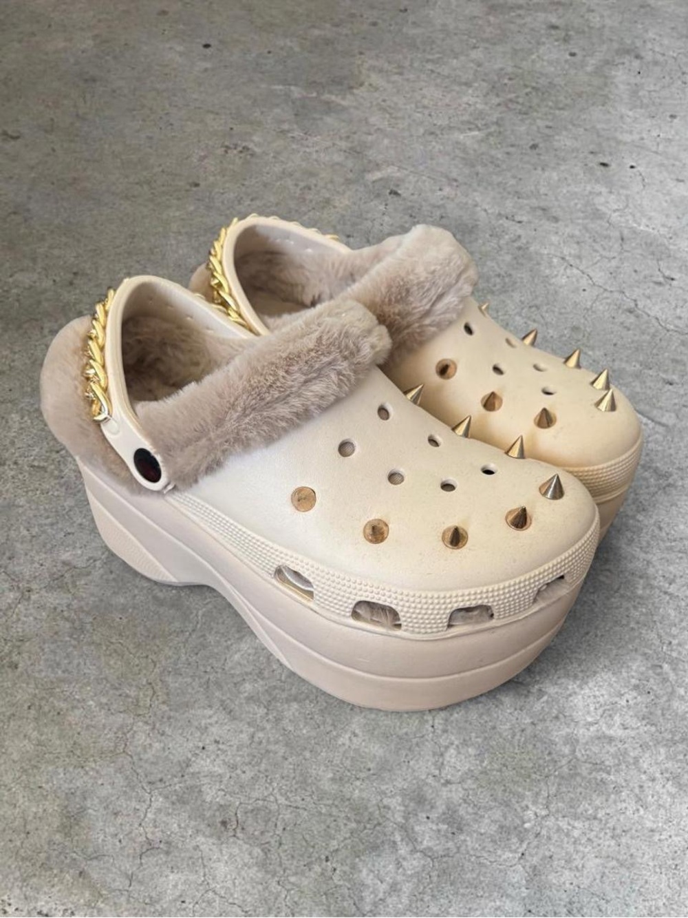 EGO Cream Faux Fur Platform Clogs with Gold Studs and Spikes
